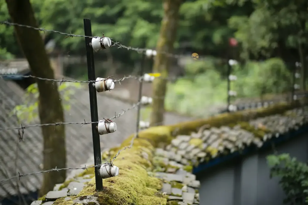 Electric fence wires and insulators on top of a perimeter wall