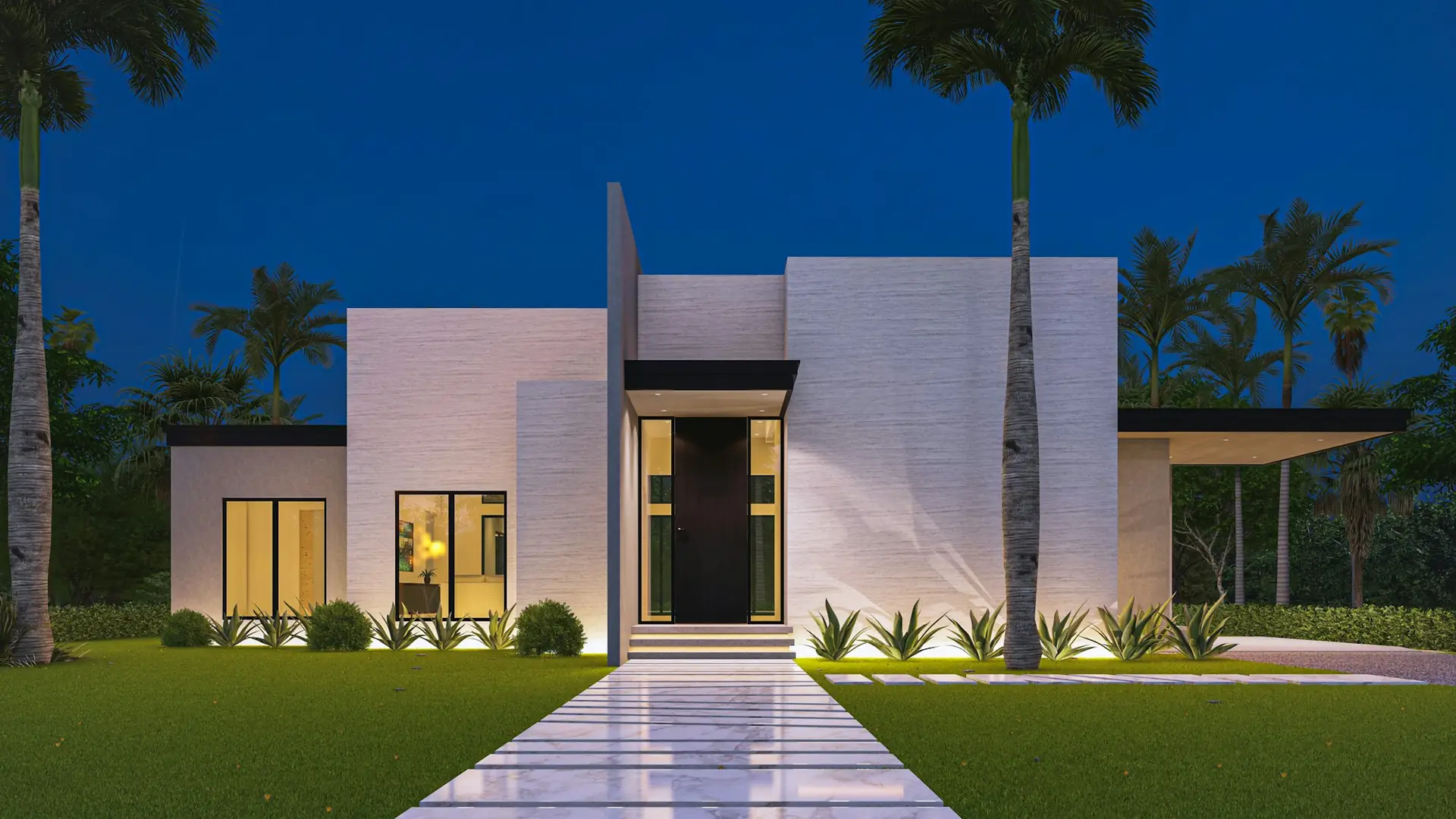 Modern home at dusk with security lighting along the entrance walkway