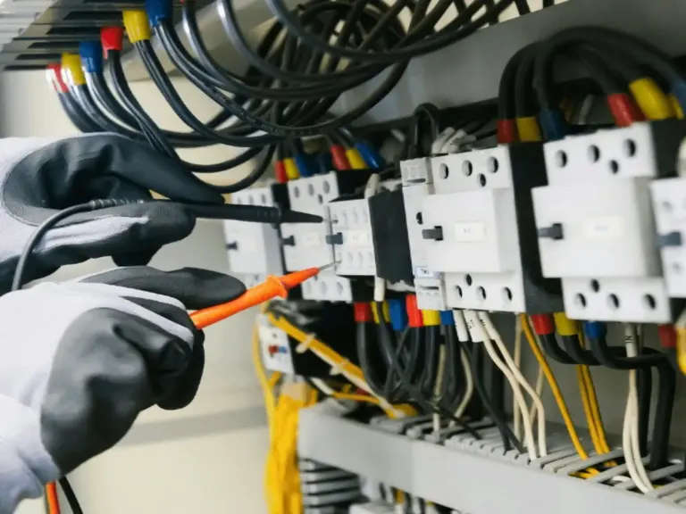Technician testing the wiring of a security control panel