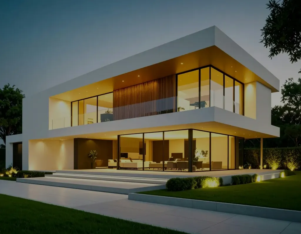 Modern family home at dusk with exterior lighting